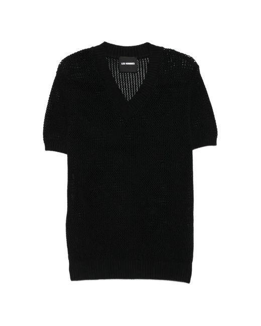 Les Hommes Black T-Shirt En Maille Ajourée À Col V for men