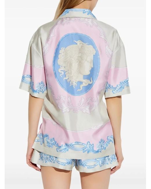 Versace Blue Silk Shirt With Medusa Cameo Print