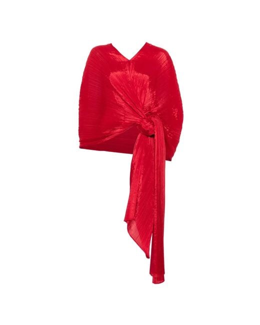 Pleats Please Issey Miyake Red Pleated V-Neck Blouse