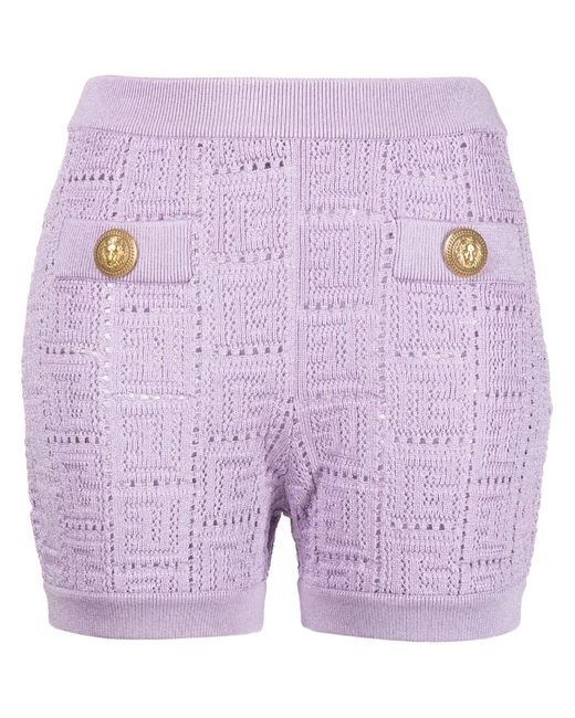Balmain Purple Monogram Mesh Knitted Shorts