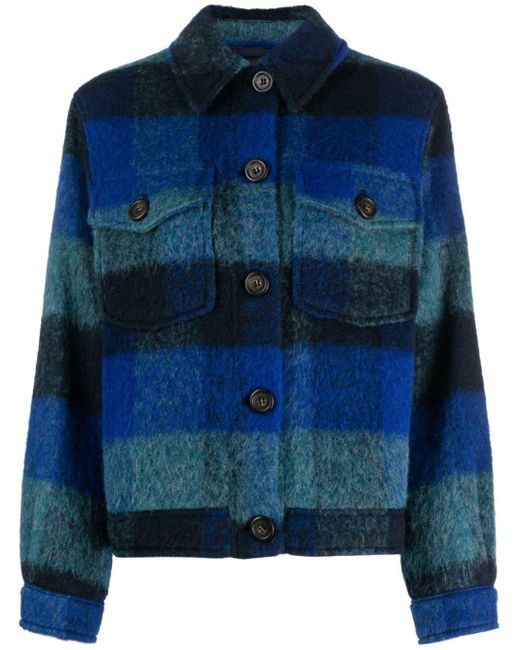 Woolrich Blue Fringed-detail Plaid Check-pattern Jacket