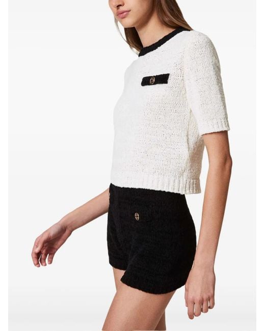 Twinset White Oval T Button Cropped Jumper