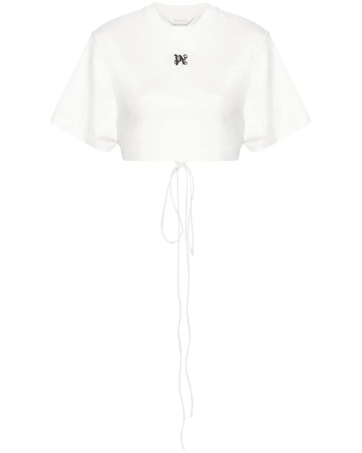 Palm Angels White Cropped T-Shirt With Embroidery
