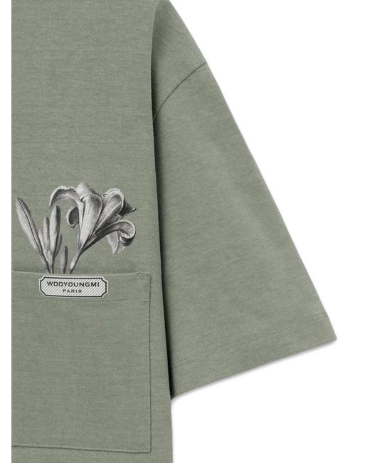 Wooyoungmi Green Floral-Print Pocket T-Shirt for men