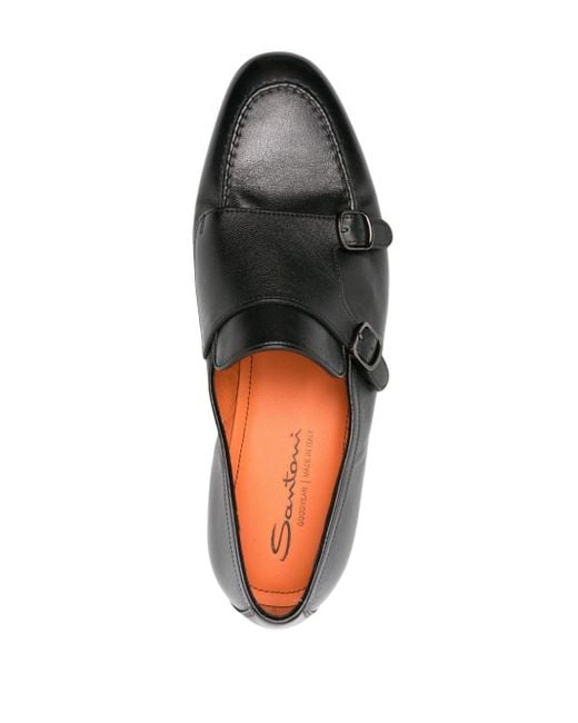 Santoni Black Leather Monk Shoes for men