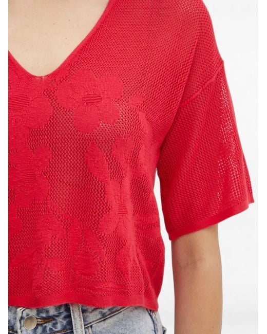 Benetton Red Floral-Jacquard V-Neck Sweater