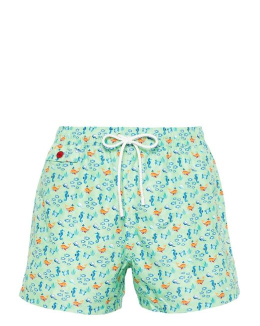 Kiton Green Printed Swim Shorts for men