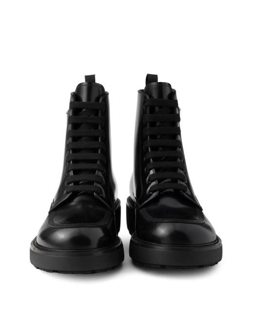 Prada Black Leather Logo-Plate Lace-Up Boots for men