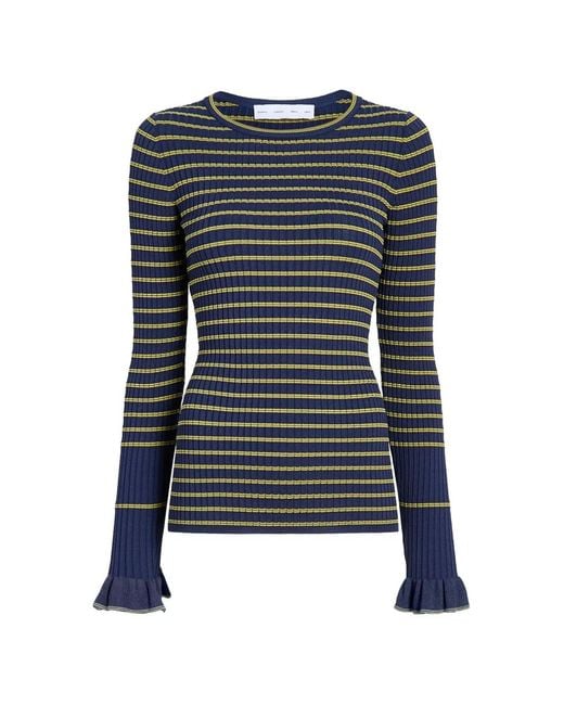 Proenza Schouler Blue Yasmine Striped Ruffled Sweater
