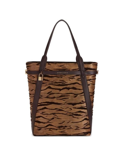 Elisabetta Franchi Brown Tiger-Print Padlock-Detail Shoulder Bag