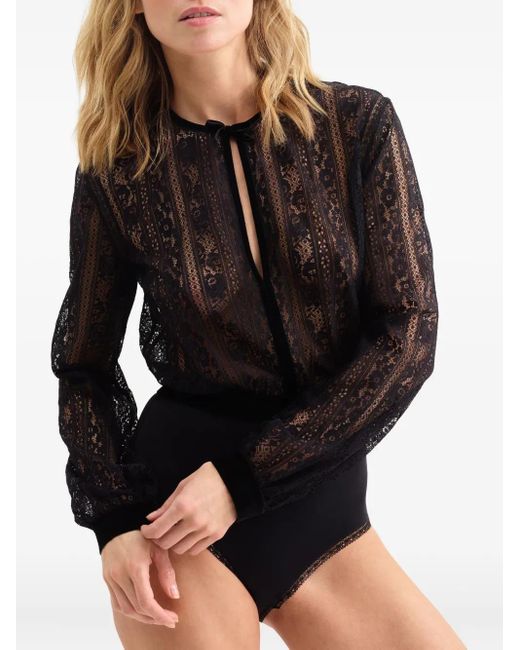 Eres Black Voltige Lace-Panel Velvet Bodysuit