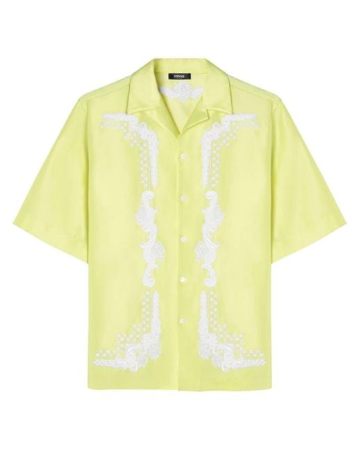 Versace Yellow Floral-embroidered Short-sleeve Shirt for men