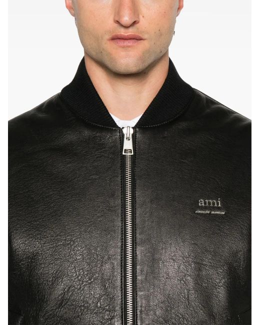 AMI Black Logo Plaque Leather Jacket for men