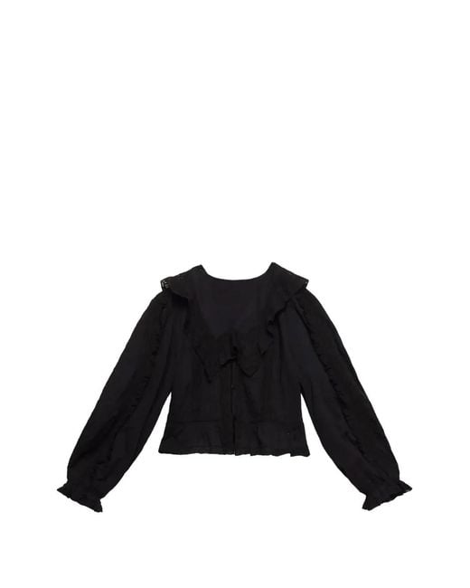 Rixo Black Ruffled Lace-Trim Blouse
