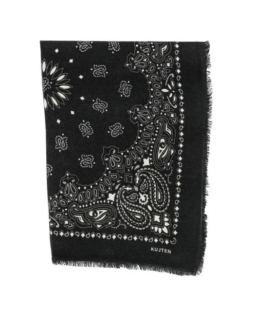 Kujten Black Paisley-Pattern Frayed Scarf