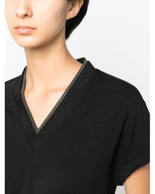 Brunello Cucinelli Black Monili-Trim V-Neck T-Shirt