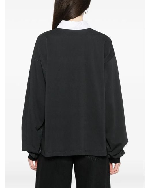 Cynthia Rowley Black Floral-Print Polo Collar Sweatshirt