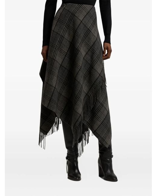 Ralph Lauren Gray Fringed Plaid Wrap Midi Skirt