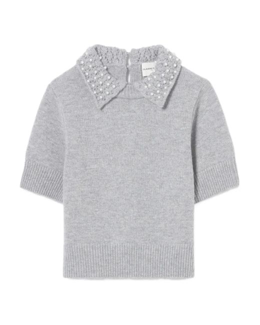 Claudie Pierlot Gray Pearl-Embellished Collar Top