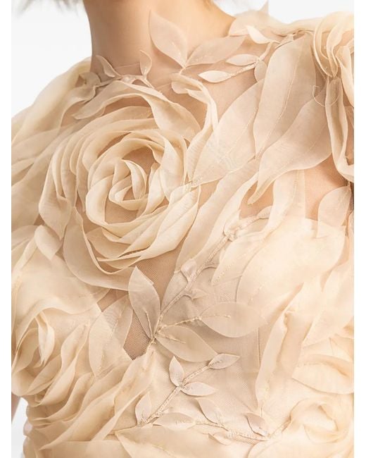Gemy Maalouf Natural Floral-Appliqué Sheer-Panel Dress
