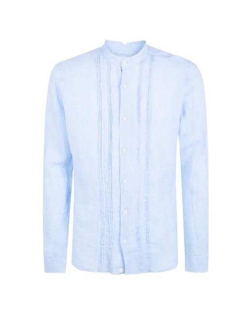 Tintoria Mattei 954 Blue Pintuck-Detail Band-Collar Shirt for men