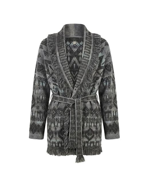 Alanui Gray Time To Shine Jacquard Fringe-Trim Cardigan