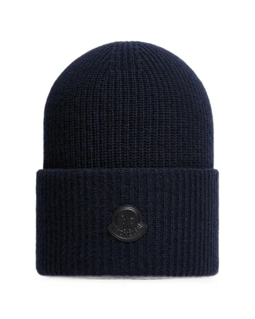 Moncler Blue Logo-Patch Ribbed-Knit Beanie Hat