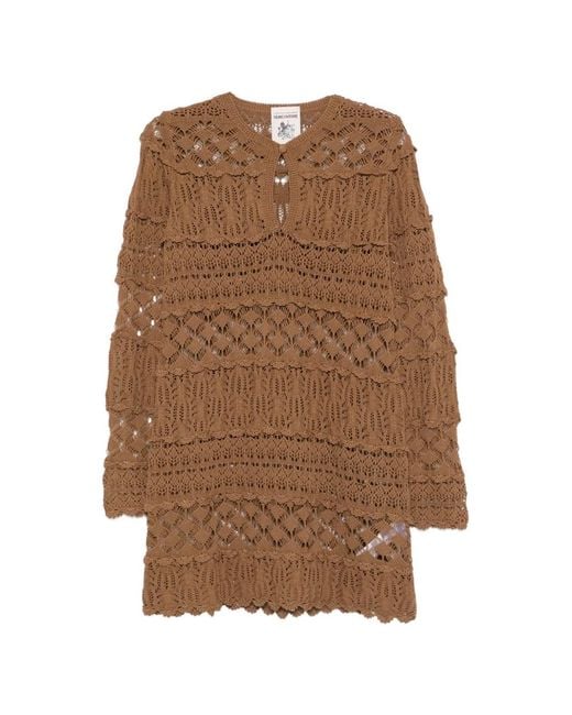 Semicouture Brown Ruffled Openwork Mini Dress