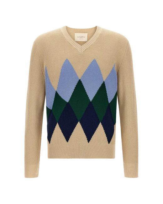 Ballantyne Blue Argyle-Pattern V-Neck Sweater for men