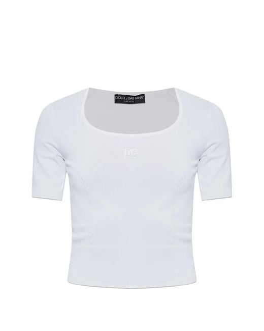 Dolce & Gabbana White T-Shirt À Logo Dg Brodé