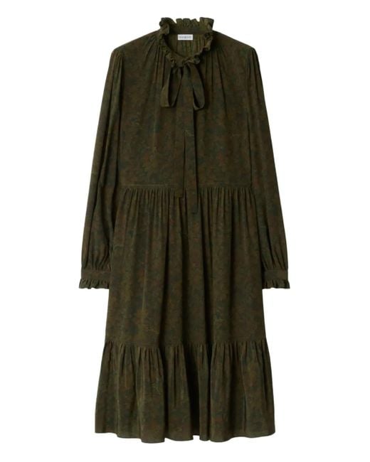 Burberry Green Leaf-Print Ruffled Dress