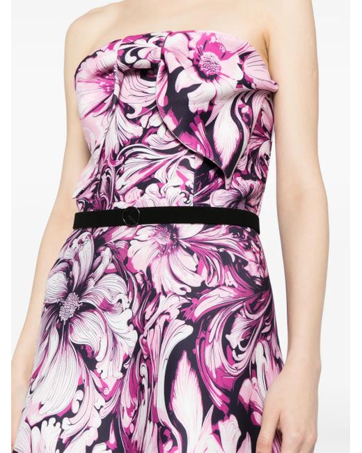 Saiid Kobeisy Pink Floral-Print Belted Strapless Gown