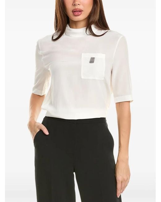 Brunello Cucinelli White Mock-Neck Blouse