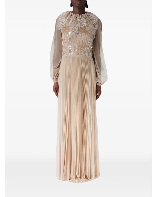Fabiana Filippi Natural Sequin-Embellished Pleated Maxi Dress