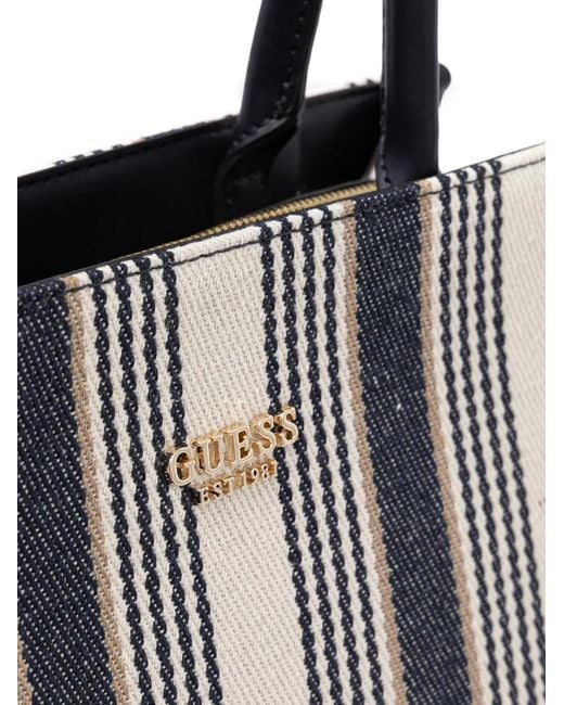 Guess Black Nicolette Striped Top-Zip Tote Bag
