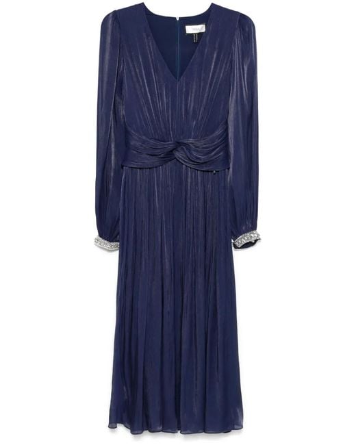 Nissa Blue Pleated Chiffon Midi Dress