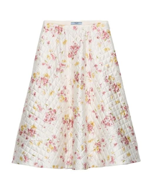 Prada Natural Satin-Midirock Mit Blumen-Print
