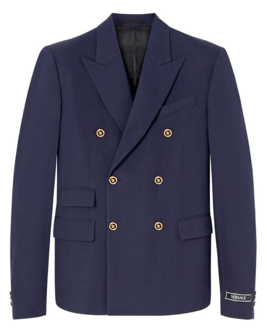 Versace Blue Double-breasted Logo-plaque Blazer for men