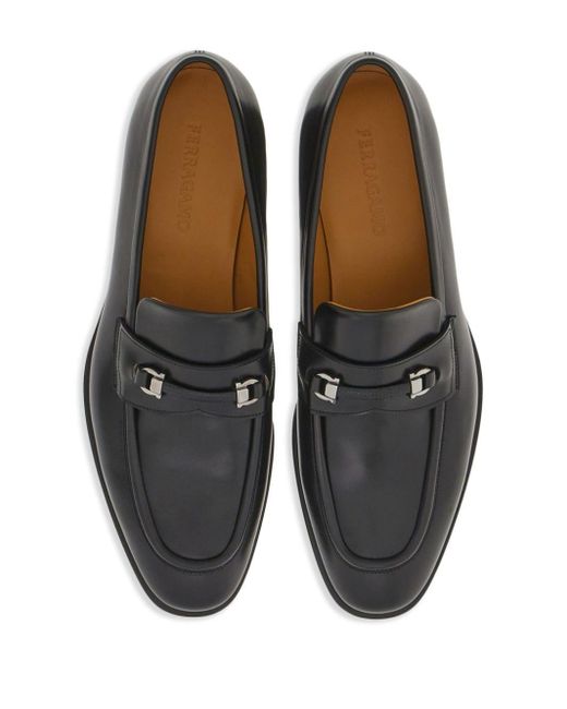 Ferragamo Black Gancini-details Leather Loafers for men