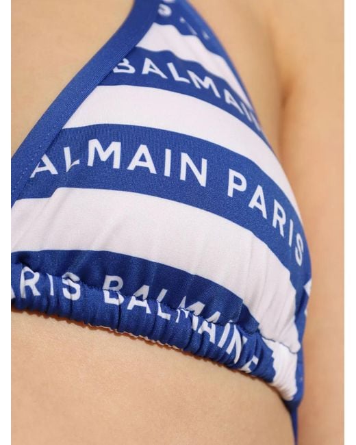 Balmain Blue Striped Logo-Print Bikini
