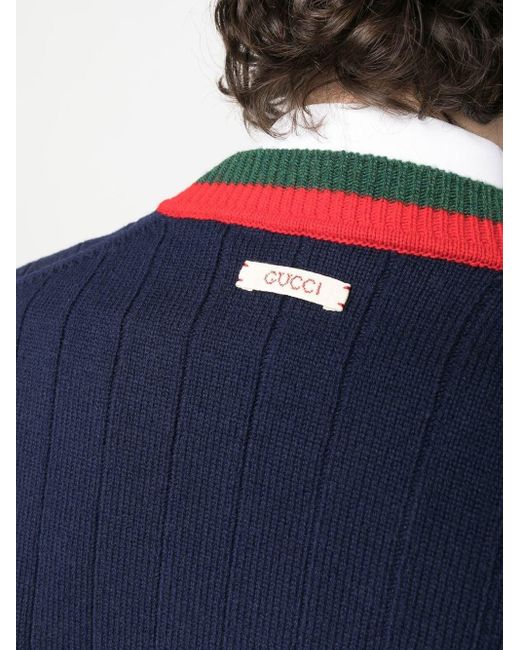 Gucci Blue Web-stripe Wool Cardigan for men