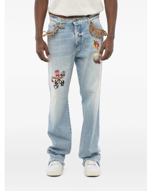 DSquared² Blue Fringe-Detail Patchwork Jeans for men