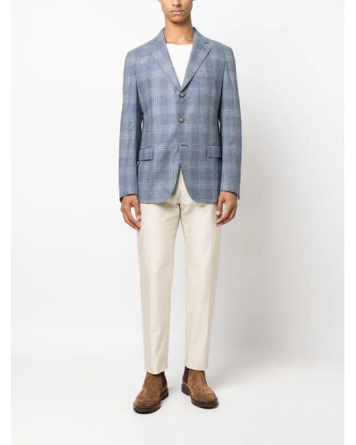Eleventy Blue Check-Pattern Single-Breasted Blazer for men
