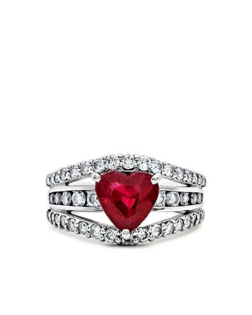 Jewels Aficionado Platinum Hartvormige Ring Met Diamant En Robijn in het White