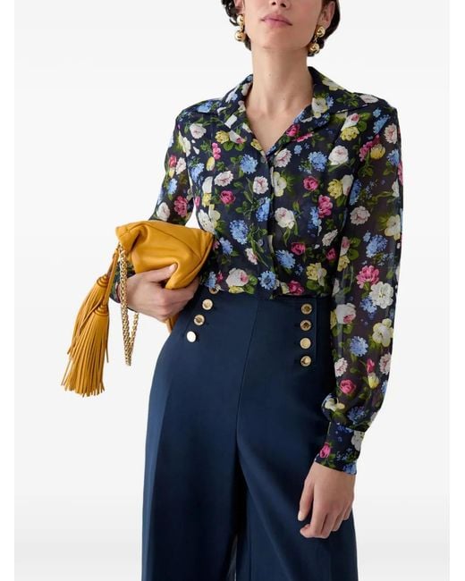 Carolina Herrera Black Isabella Rose-Print Silk Chiffon Button-Down Shirt