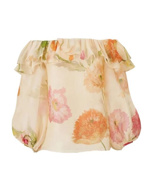 Carolina Herrera Natural Poppy-Print Organza Puff Sleeve Top