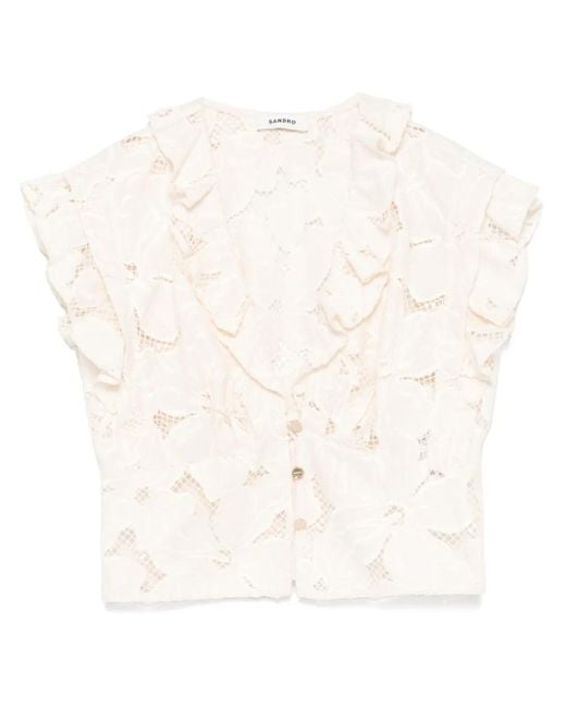 Sandro White Embroidered Floral Crop Top