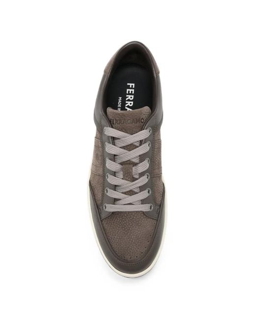 Ferragamo Gray Panelled Leather Sneakers for men