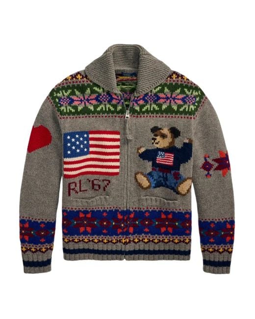 Polo Ralph Lauren Gray Fair Isle-Pattern Polo-Bear Cardigan