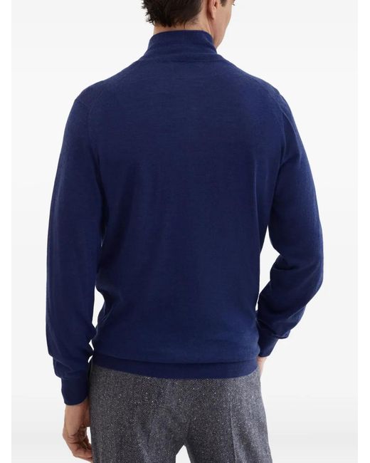 Brunello Cucinelli Blue High-Neck Zip-Up Sweater for men